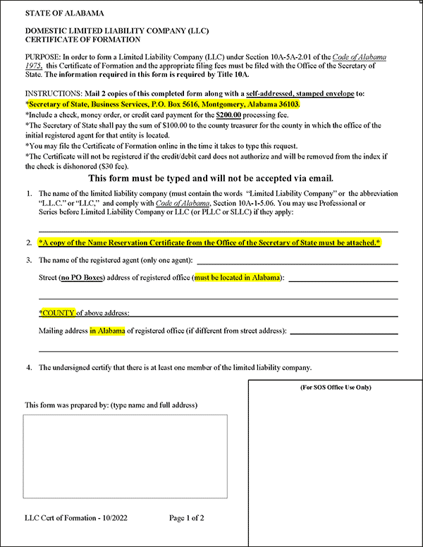 Alabama LLC Formation Document