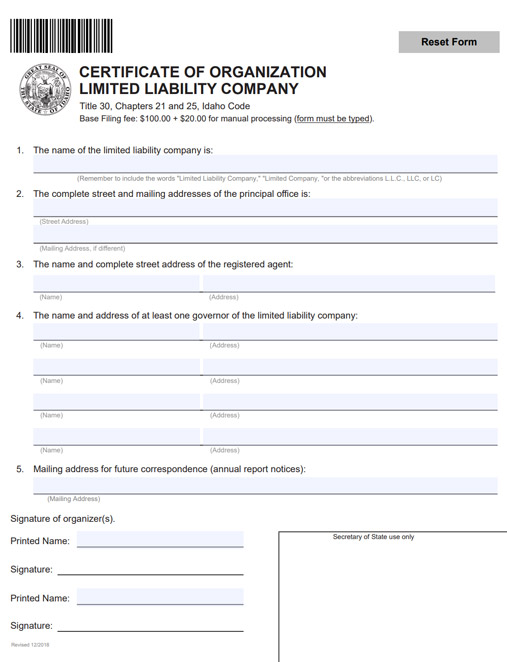 Idaho LLC Formation Document