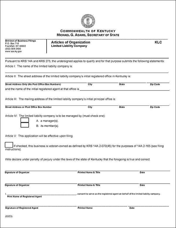Kentucky LLC Formation Document