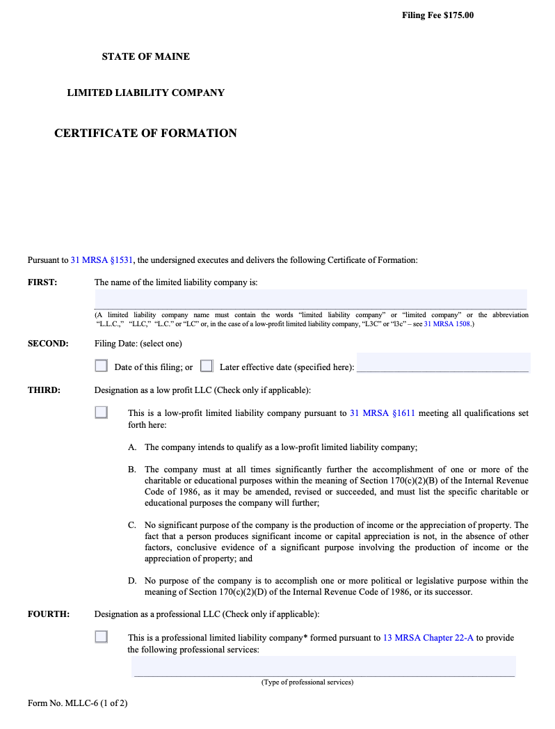 Maine Certificate of Formation image.