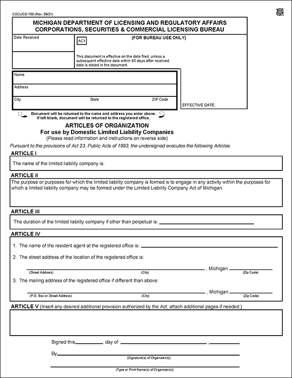 Michigan LLC Articles of Organization Form
