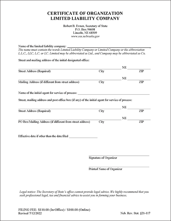Nebraska LLC Formation Document