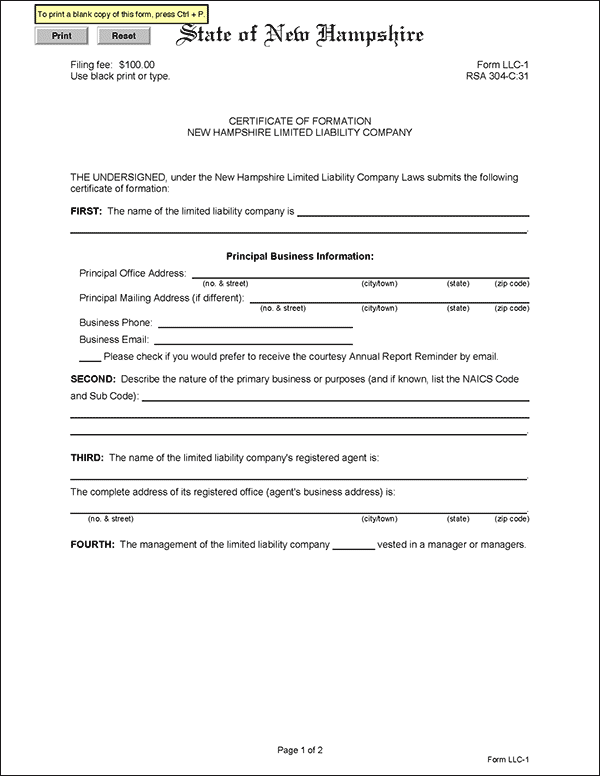 New Hampshire LLC Formation Document