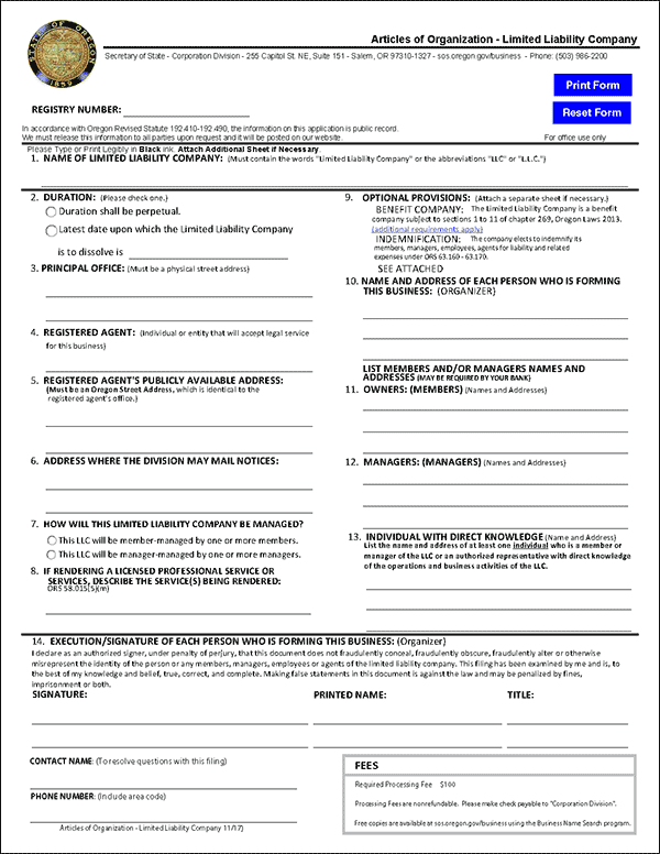 Oregon LLC Formation Document