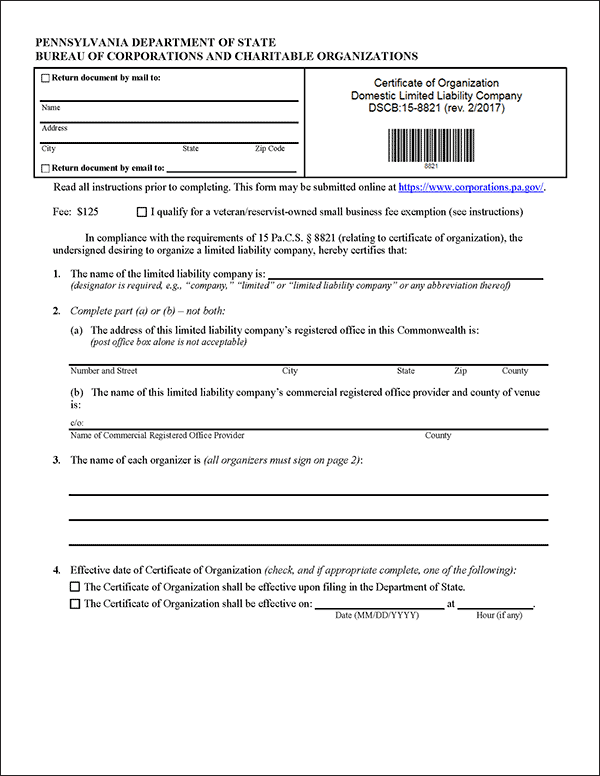 Pennsylvania LLC Certificate of Organization pdf