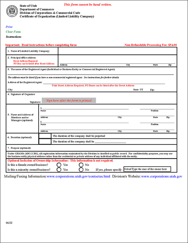 Utah LLC Formation Document