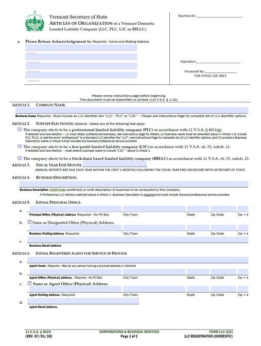 Vermont LLC Formation Document