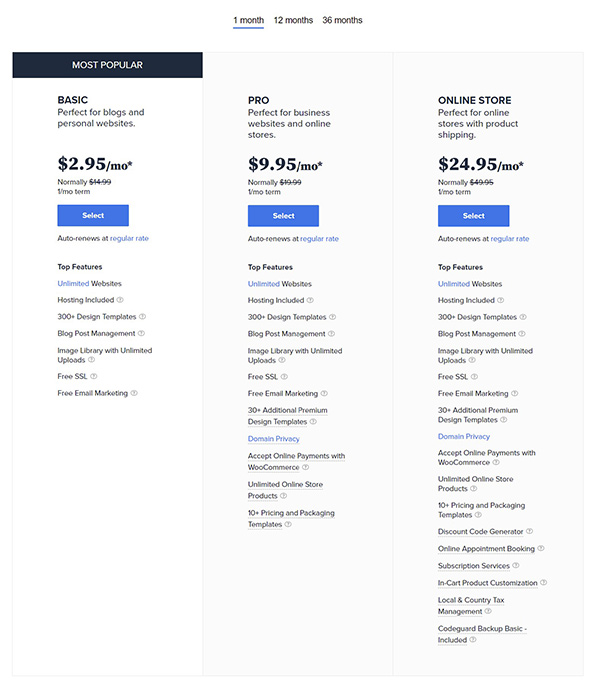 Bluehost pricing and plans.