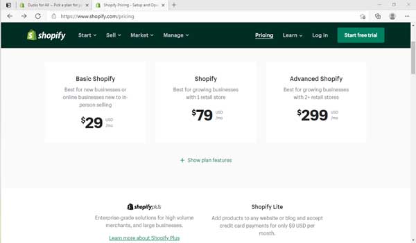 screenshot of the different Shoify plans