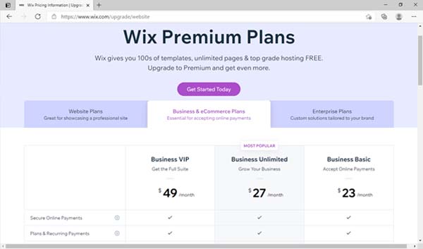 Wix pricing and plans screenshot.