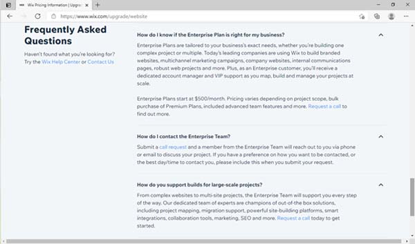 Wix pricing and plans screenshot.