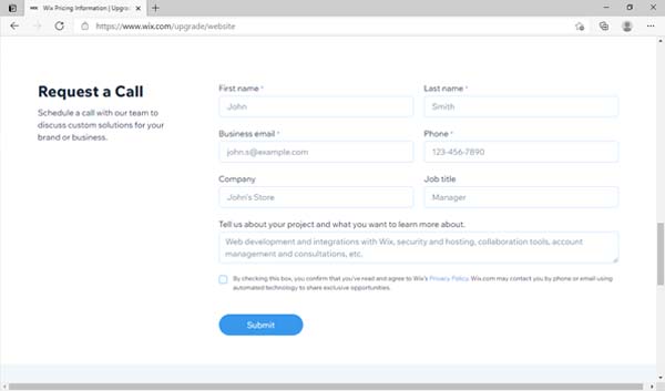 Wix pricing and plans screenshot.