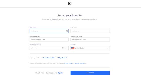 screenshot of Weebly sign up