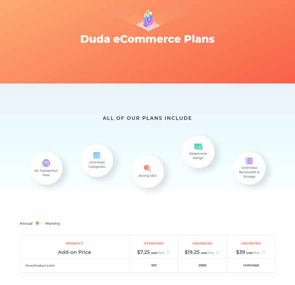 Duda pricing and plans.