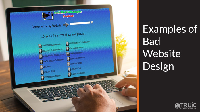 Examples of bad website designs on a laptop.