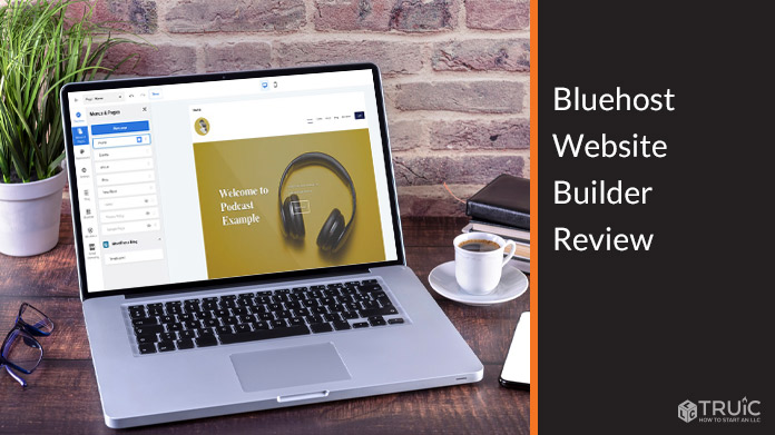 Bluehost website builder shown on a laptop screen.