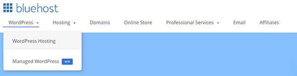 WordPress hosting options dropdown with Bluehost.