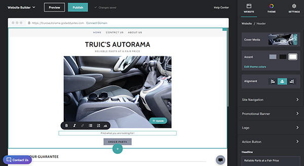 Screenshot of GoDaddy Web Builder Page Editor