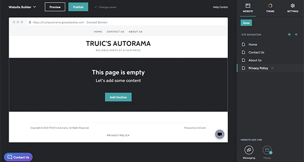 Screenshot of GoDaddy Web Builder Section Editor