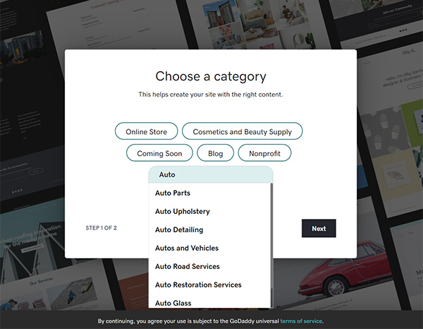 Screenshot of GoDaddy Web Builder Categories