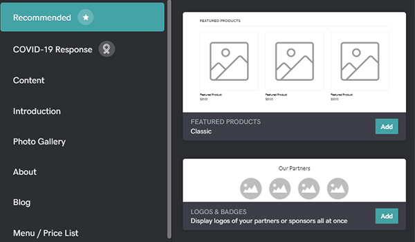 Screenshot of GoDaddy Web Builder Section Options
