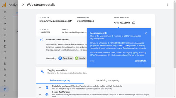 Google Analytics web stream details page.