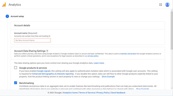 Google Analytics account setup screen.