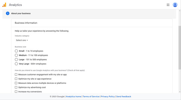 Google Analytics business information screen.