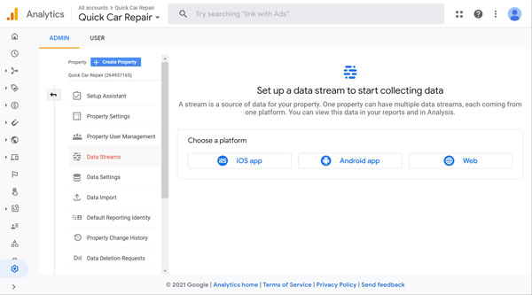 Google Analytics data stream screen.
