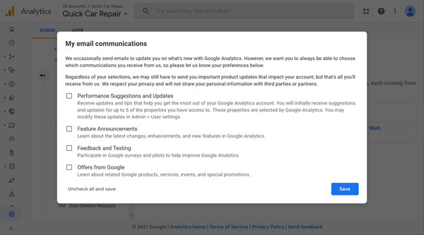 Google Analytics email communications screen.