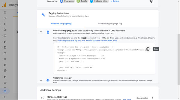Google Analytics tagging instructions screen.