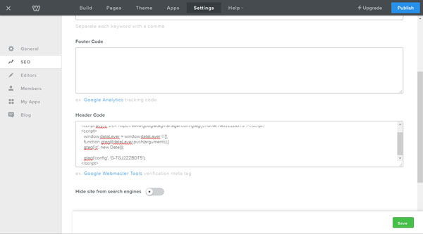 Weebly SEO screen, header code section.