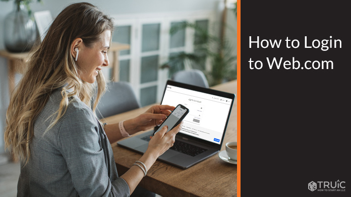 Woman logging onto Web.com on laptop.