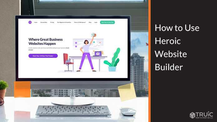 Computer with Heroic Website Builder on the screen.