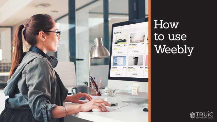 Person creating website on computer. Text to the right reads, How to use Weebly.