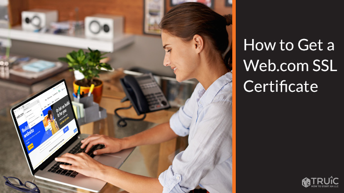 Woman on laptop trying to get a Web.com SSL certificate.