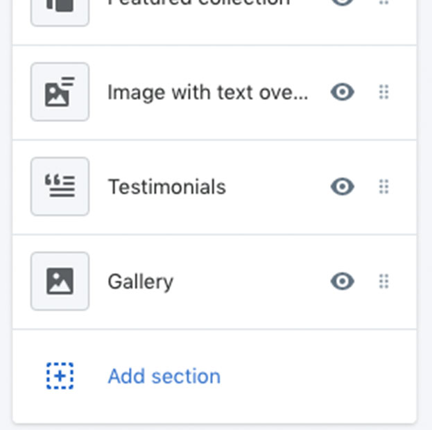 Screenshot of how to add a section on Shopify.