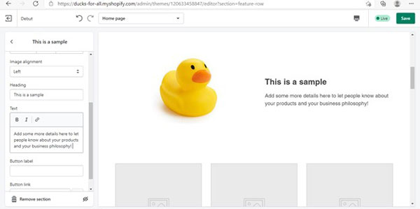 Shopify settings to customize the home page. There is a space to add a photo and text