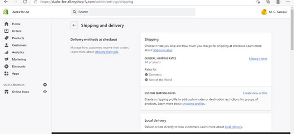 Shopify shipping and delivery screen