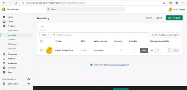 Shopify inventory list and options