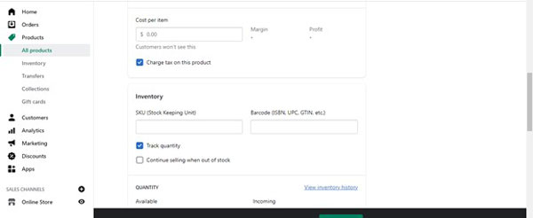 Shopify product data