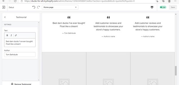 Shopify testimonial settings and preview