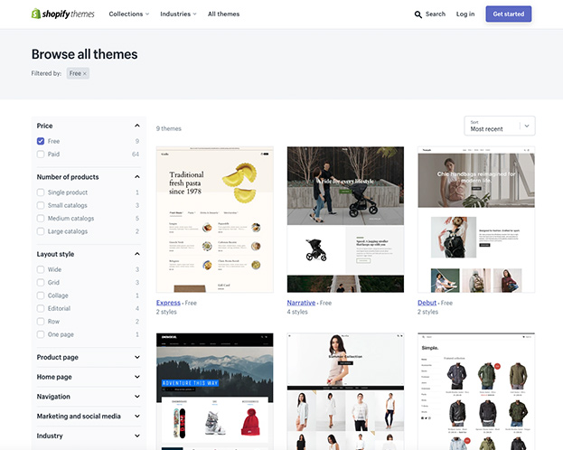 Screenshot of the various themes available on Shopify.
