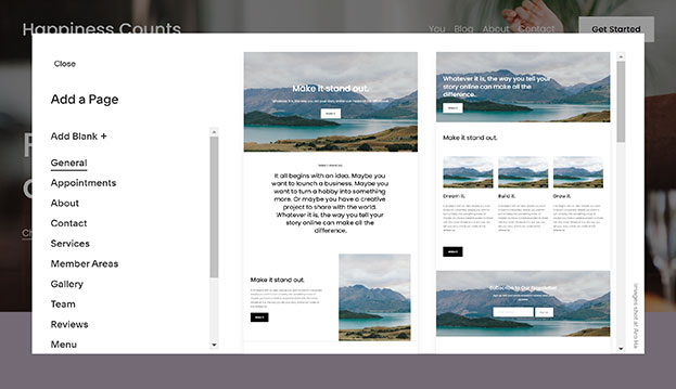 Screenshot of how to add a page in the Squarespace Website Builder.
