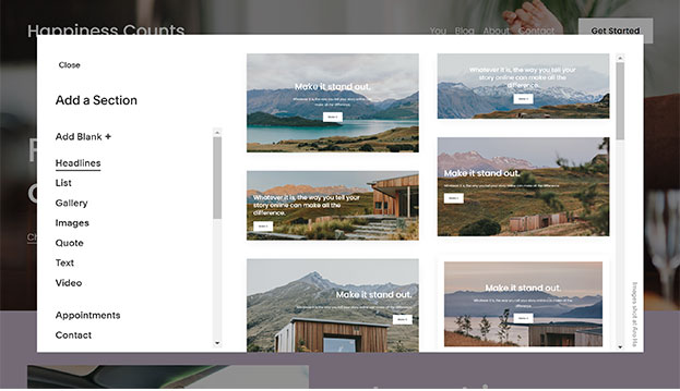 Screenshot of how to add a section in the Squarespace Website Builder.