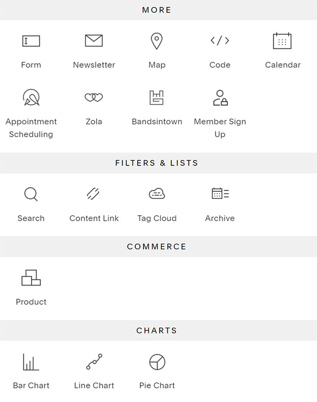 Screenshot of the different content blocks available within the Squarespace Website Builder.