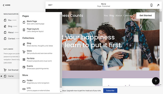 Screenshot of the different page options within the Squarespace Website Builder.