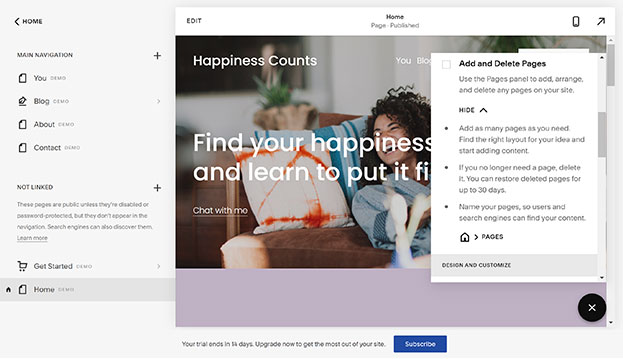Screenshot of the page customization options within the Squarespace Website Builder.