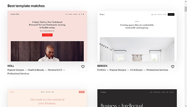 Screenshot of the different templates available with Squarespace.
