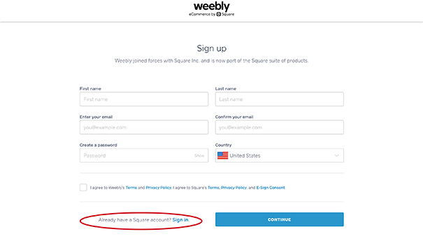 Screenshot of Weebly First Sign Up Page